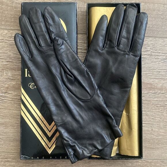 Vintage Womens Isotoner Black Leather Gloves w Cashmere Lining - Picture 2 of 4